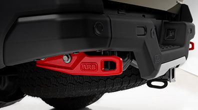 Red Tacoma ARB Rear Tow Hooks installed for secure vehicle recovery and off-road strength