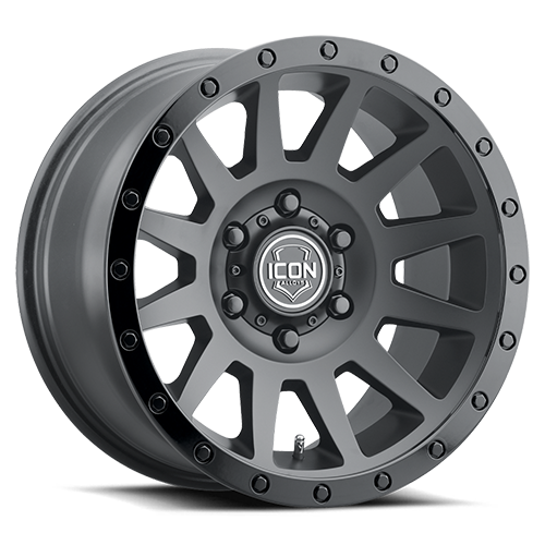 Matte black ICON alloy wheel designed for 2025 4Runner 3-inch Ready Lift Package with rugged off-road style.