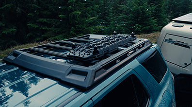 2025-2026 4Runner Roof Rack in matte black with sturdy crossbars and side rails, designed for secure cargo carrying and outdoor gear transport.