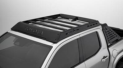 2024-2027 Tacoma Roof Rack in black aluminum with integrated crossbars and aerodynamic design for secure cargo mounting.